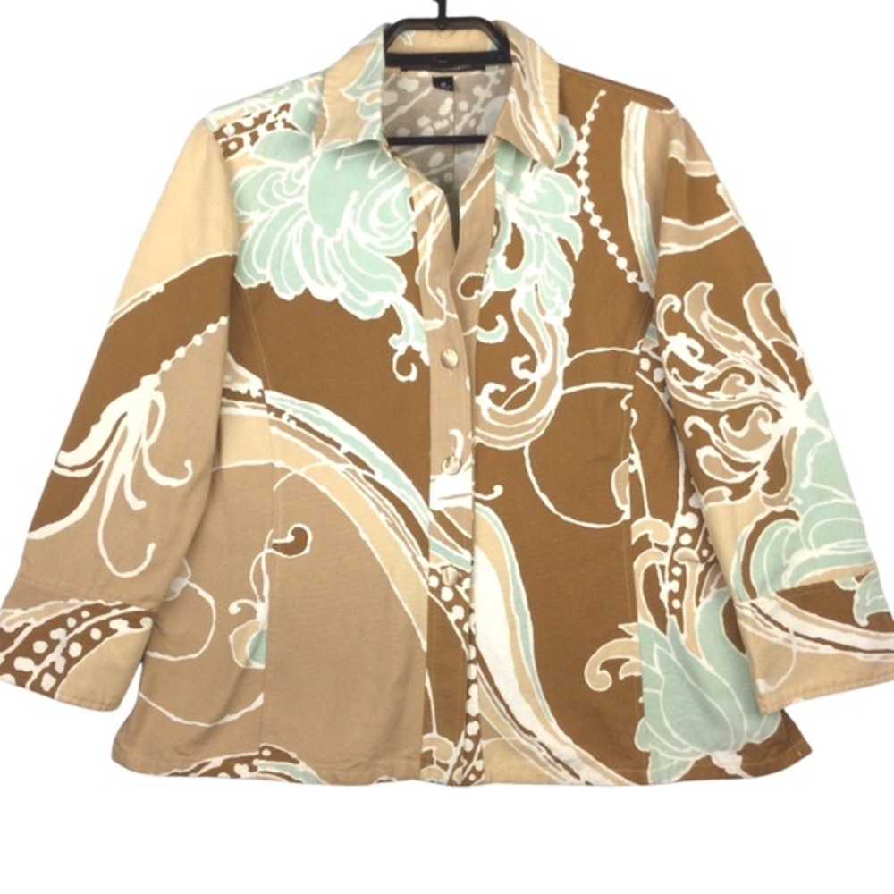 Vintage Linda Allard Ellen Tracy Blazer Button Up Tan Brown & Teal Women’s 14
